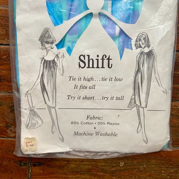 Vintage NEW In Bag 60s Adjust-a-Bow Mod Abstract Shift Dress M 14 16 Disposable - Picture 2 of 3
